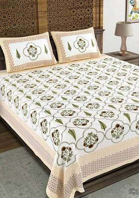 Green And White Ethnic Motifs 210 Tc King Bedsheet With 2 Pillow Covers