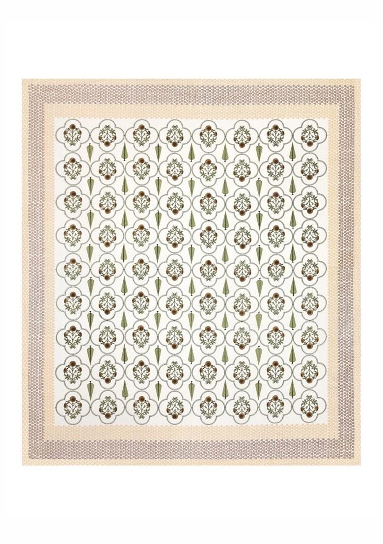 Green And White Ethnic Motifs 210 Tc King Bedsheet With 2 Pillow Covers