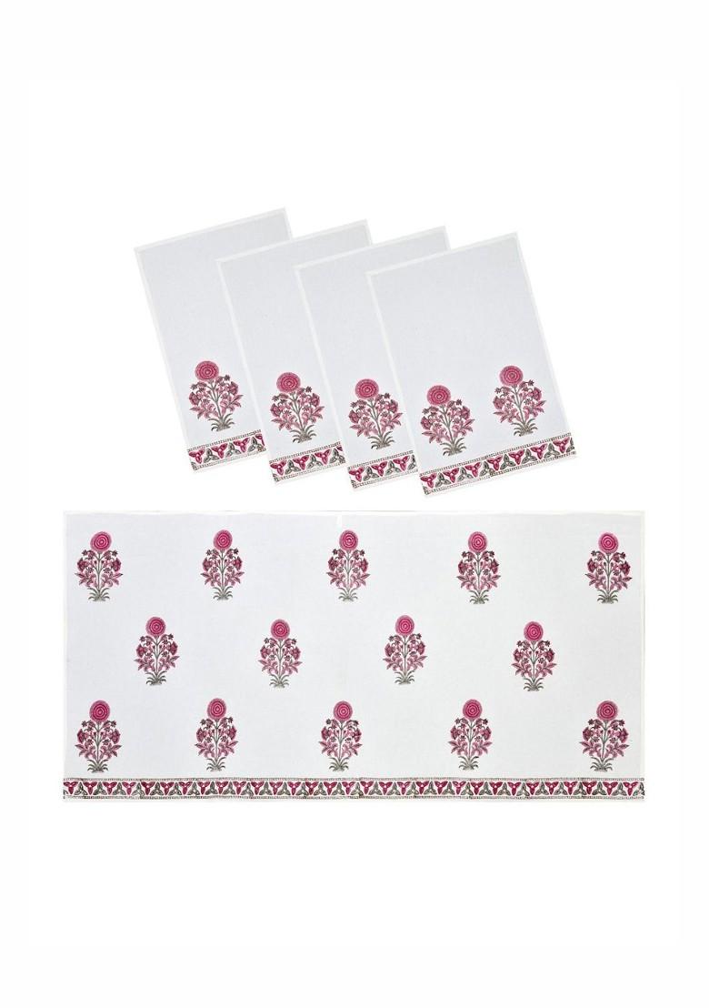 Pink And White 5 Piece Printed Cotton 210 Gsm Towel Set