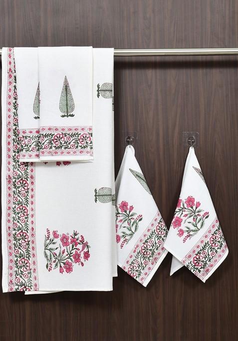 Green And White 5 Piece Printed Cotton 210 Gsm Towel Set