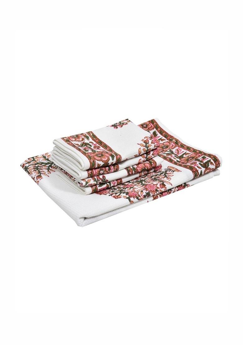 Peachcoloured And White 5 Piece Printed Cotton 210 Gsm Towel Set