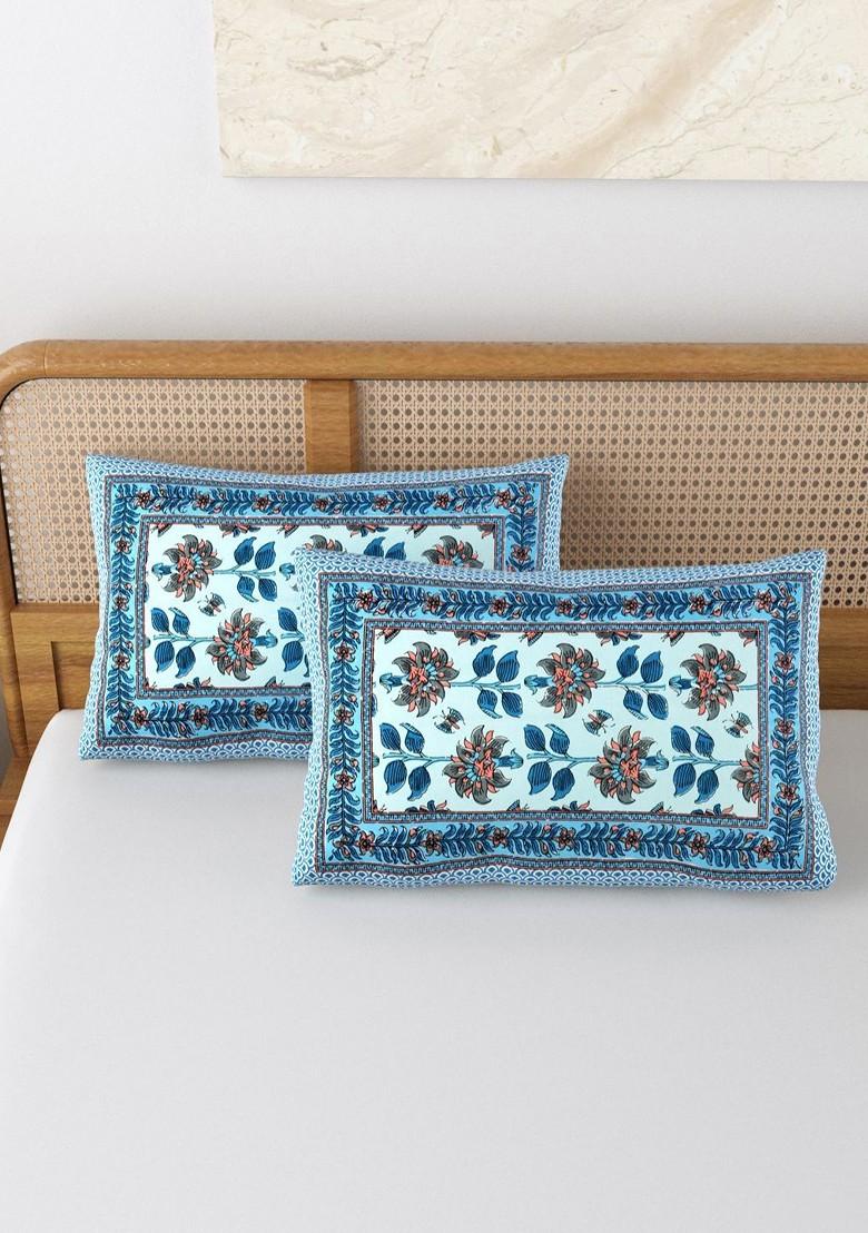 Blue And Grey 2 Pieces Printed Pure Cotton Rectangle Pillow Covers