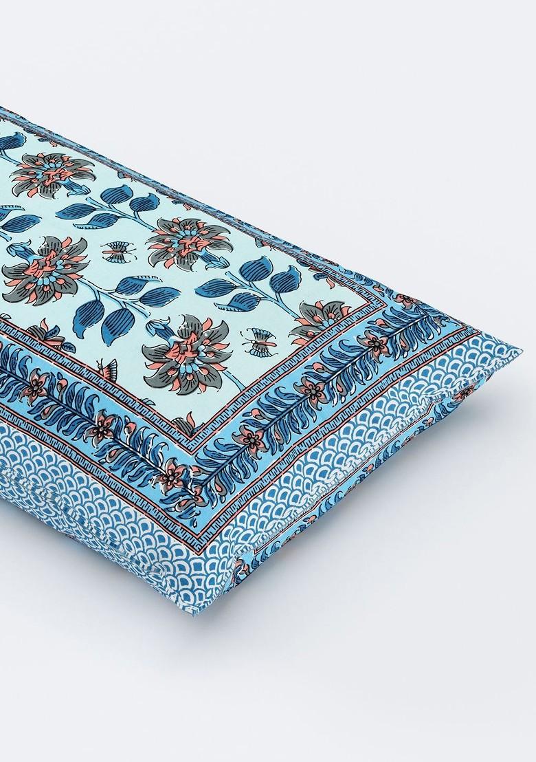 Blue And Grey 2 Pieces Printed Pure Cotton Rectangle Pillow Covers