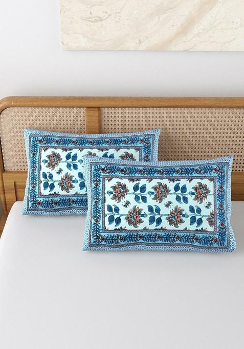 Blue And Grey 2 Pieces Printed Pure Cotton Rectangle Pillow Covers