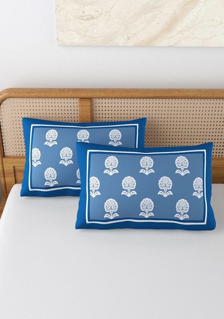 Blue And White 2 Pieces Printed Pure Cotton Rectangle Pillow Covers
