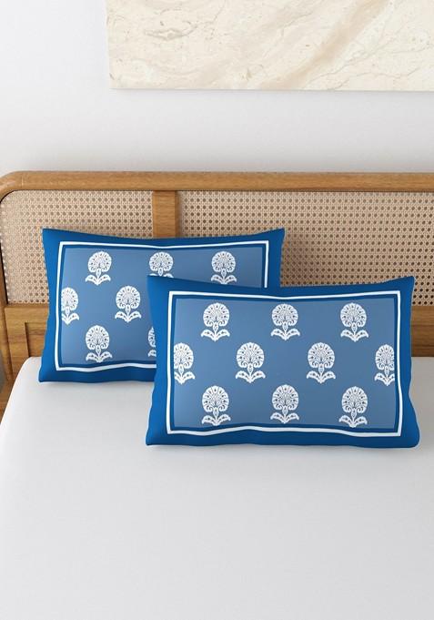Blue And White 2 Pieces Printed Pure Cotton Rectangle Pillow Covers
