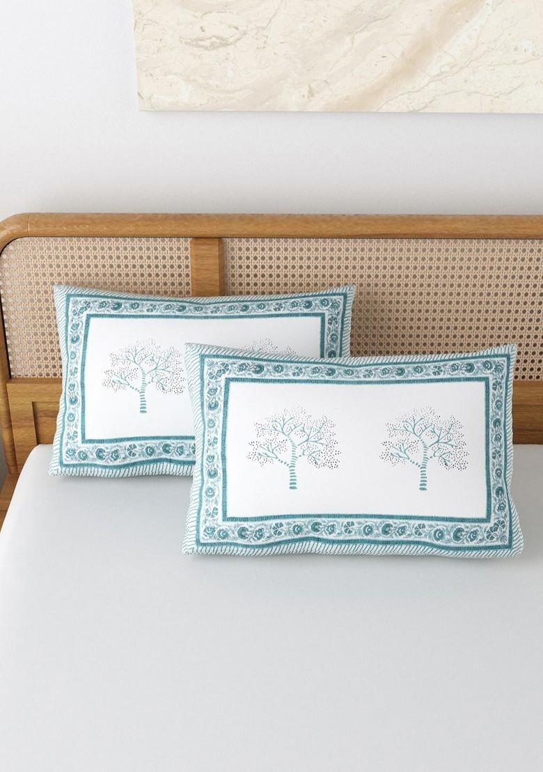 Blue And White 2 Pieces Printed Pure Cotton Rectangle Pillow Covers