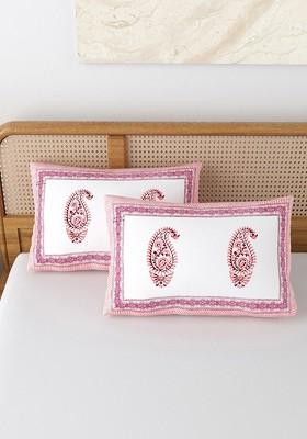 Pink And White 2 Pieces Printed Pure Cotton Rectangle Pillow Covers