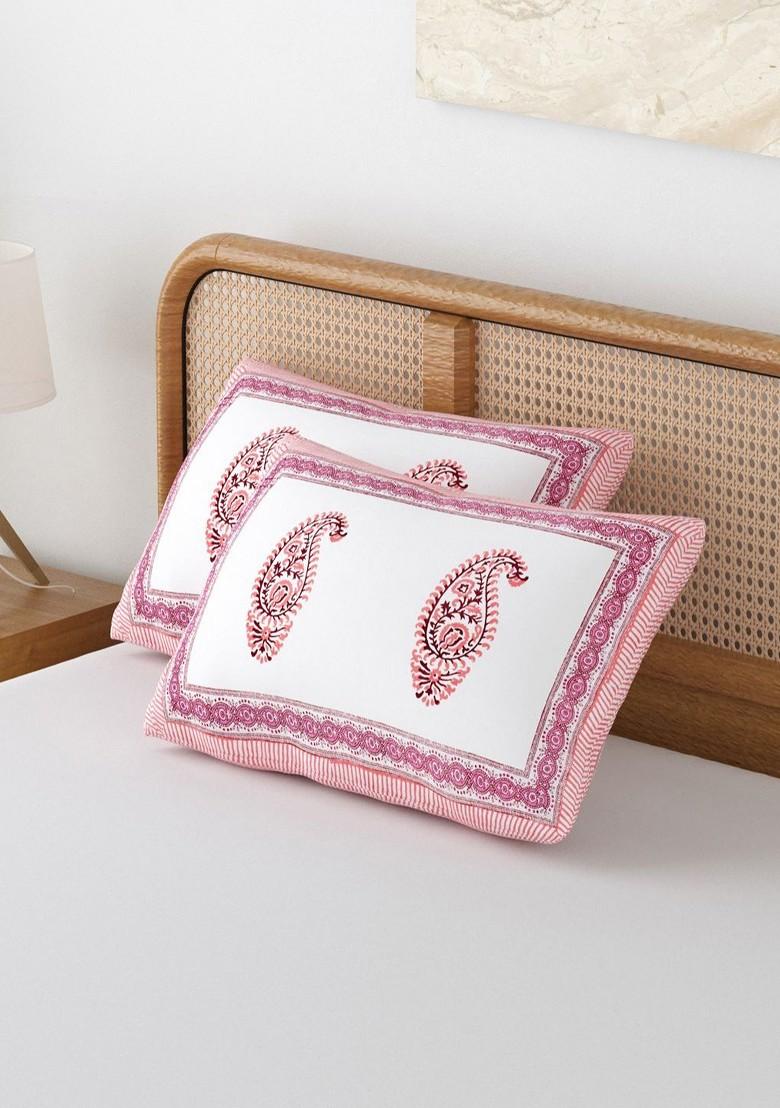 Pink And White 2 Pieces Printed Pure Cotton Rectangle Pillow Covers
