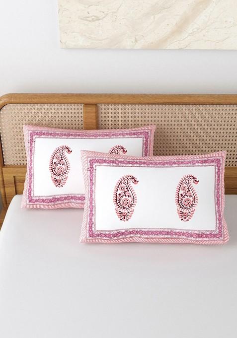 Pink And White 2 Pieces Printed Pure Cotton Rectangle Pillow Covers