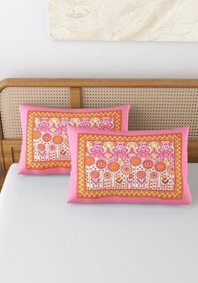 Pink And White 2 Pieces Printed Pure Cotton Rectangle Pillow Covers