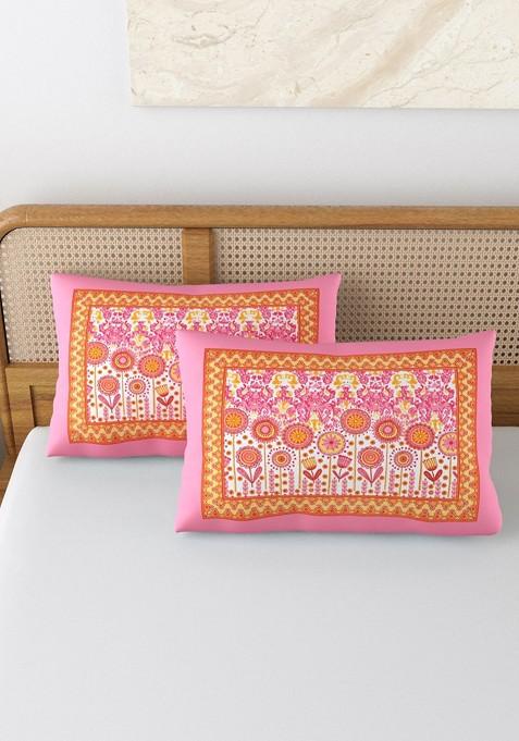 Pink And White 2 Pieces Printed Pure Cotton Rectangle Pillow Covers