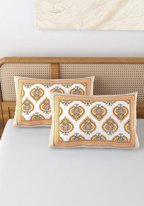 Orange And White 2 Pieces Printed Pure Cotton Rectangle Pillow Covers