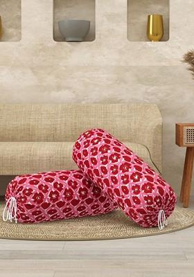 Pink And Red 2 Pieces Floral Printed Cotton Bolster Covers