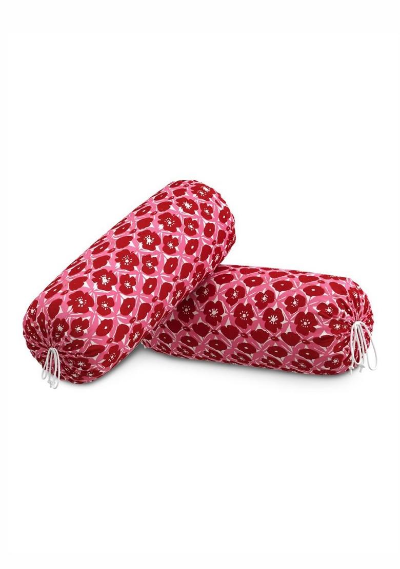 Pink And Red 2 Pieces Floral Printed Cotton Bolster Covers