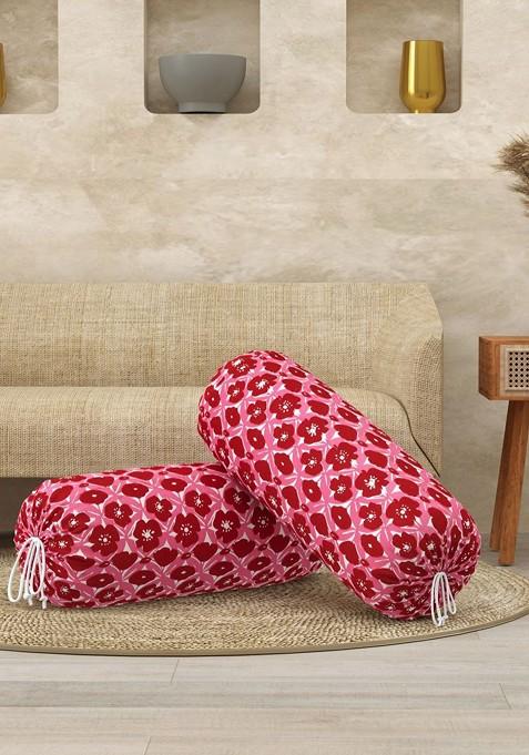Pink And Red 2 Pieces Floral Printed Cotton Bolster Covers