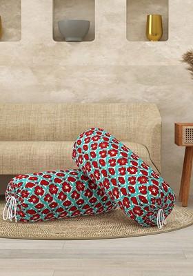 Turquoise Blue And Red 2 Pieces Floral Printed Cotton Bolster Covers