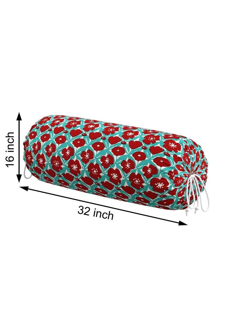 Turquoise Blue And Red 2 Pieces Floral Printed Cotton Bolster Covers