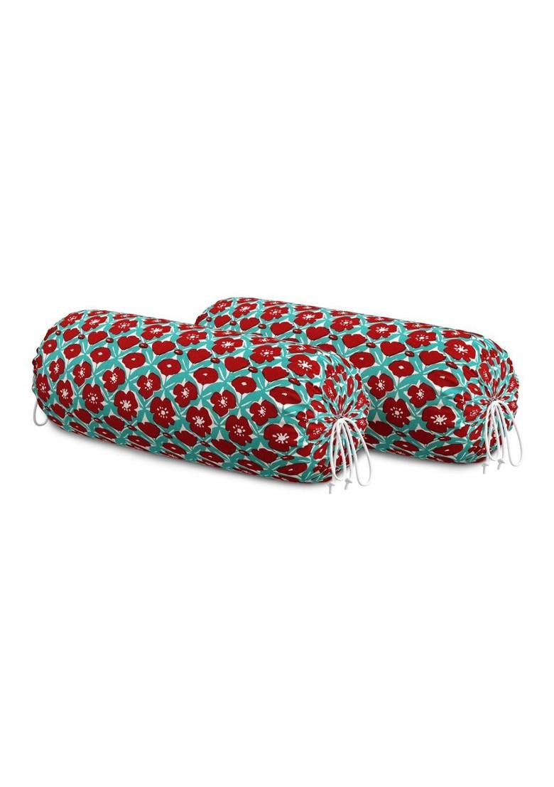 Turquoise Blue And Red 2 Pieces Floral Printed Cotton Bolster Covers