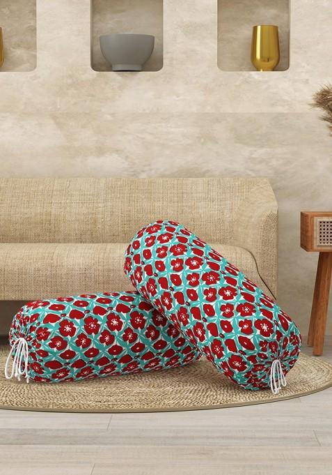 Turquoise Blue And Red 2 Pieces Floral Printed Cotton Bolster Covers