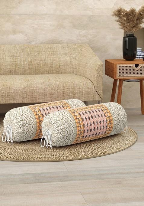 White And Peachcolored 2 Pieces Ethnic Motifs Printed Cotton Bolster Covers