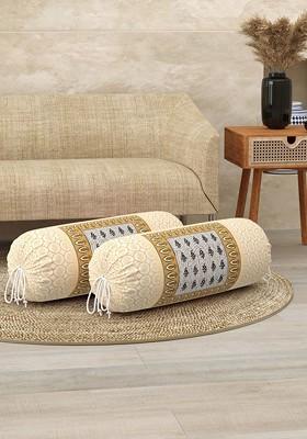 White And Brown 2 Pieces Ethnic Motifs Printed Cotton Bolster Covers