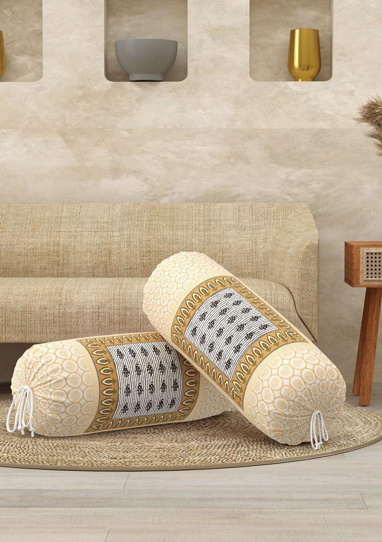 White And Brown 2 Pieces Ethnic Motifs Printed Cotton Bolster Covers