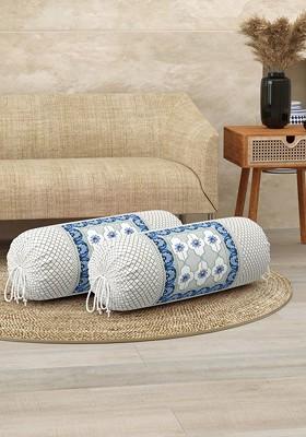 White And Blue 2 Pieces Ethnic Motifs Printed Cotton Bolster Covers