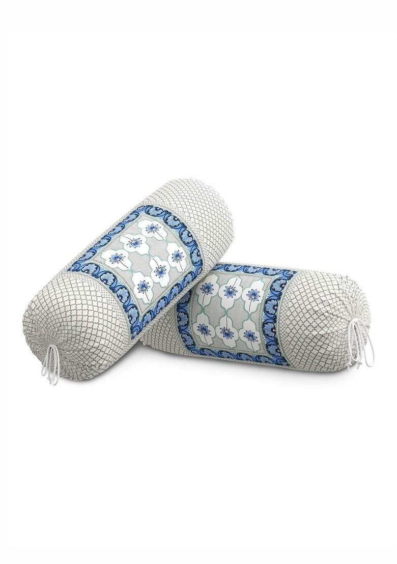 White And Blue 2 Pieces Ethnic Motifs Printed Cotton Bolster Covers