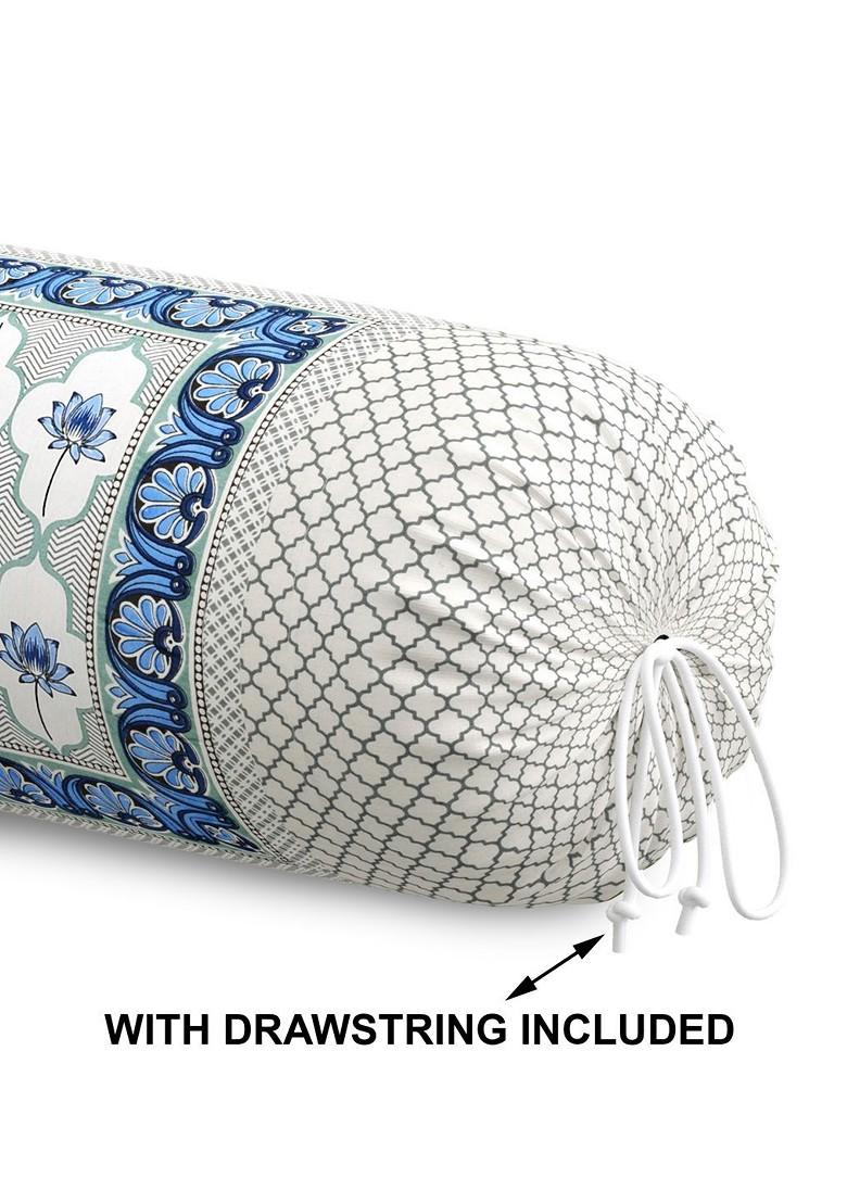 White And Blue 2 Pieces Ethnic Motifs Printed Cotton Bolster Covers