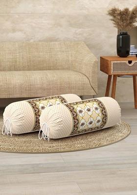 White And Brown 2 Pieces Ethnic Motifs Printed Cotton Bolster Covers