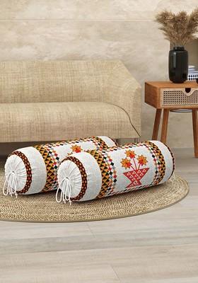 White And Orange Coloured 2 Pieces Ethnic Printed Cotton Bolster Cover Set