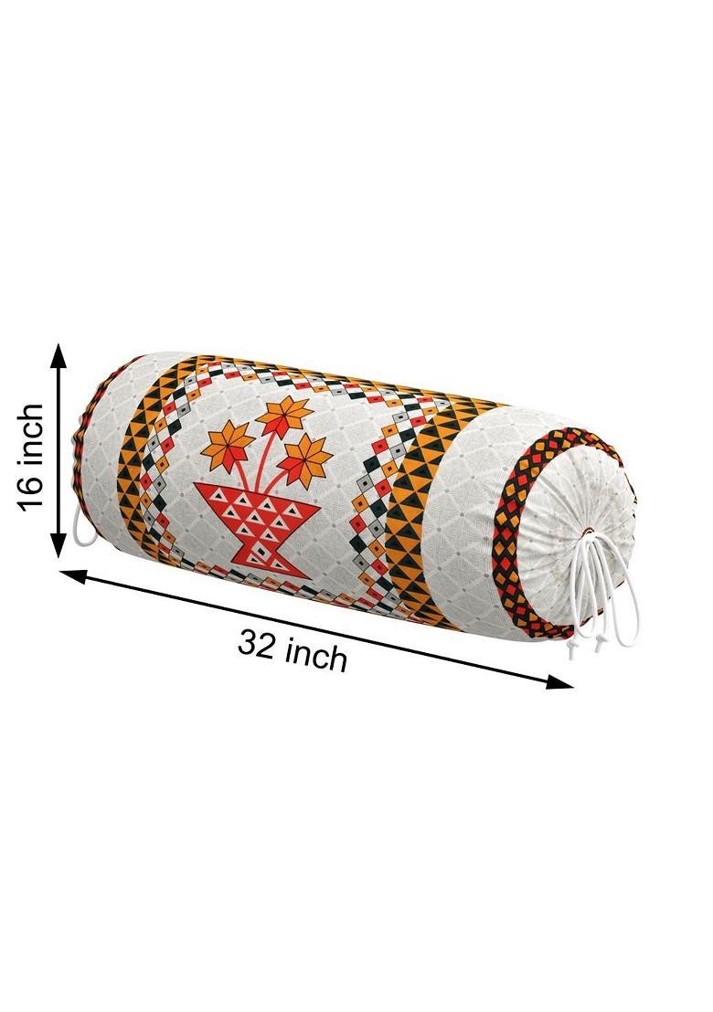 White And Orange Coloured 2 Pieces Ethnic Printed Cotton Bolster Cover Set