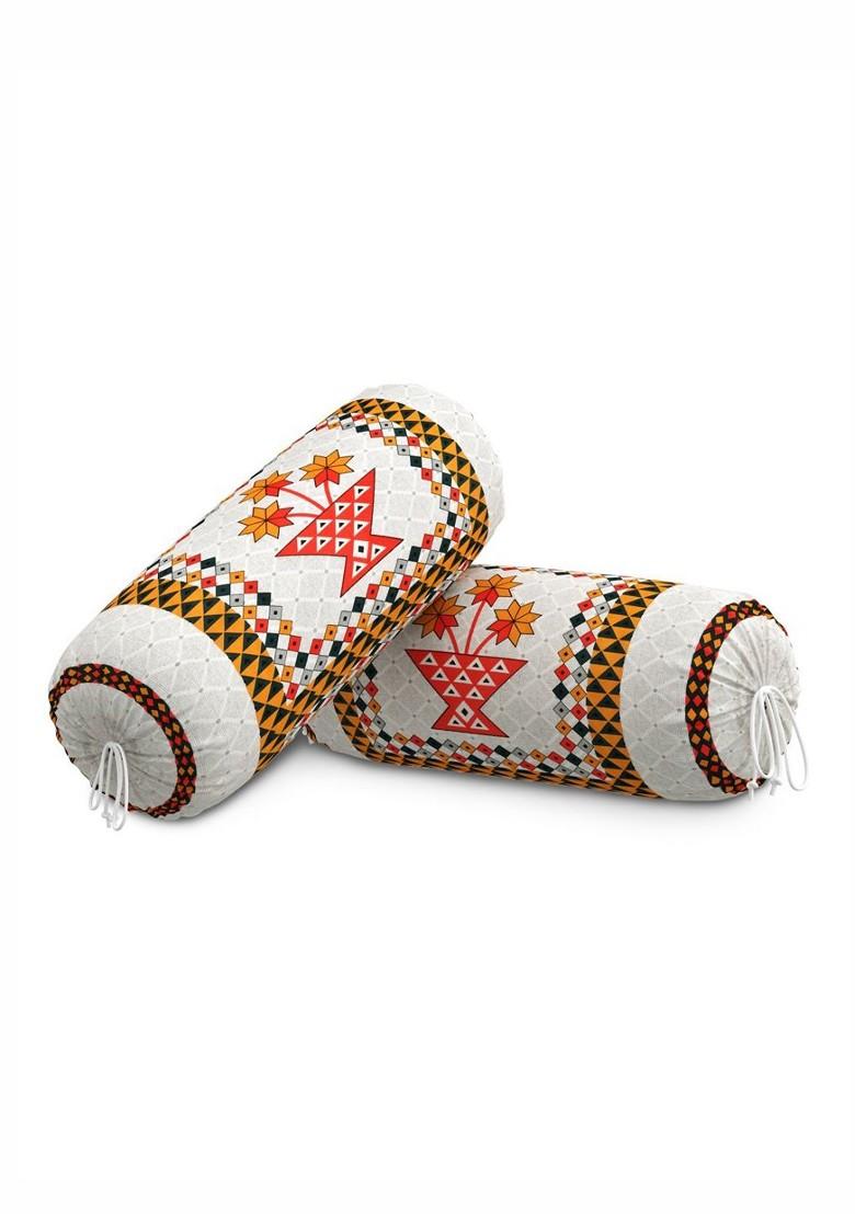 White And Orange Coloured 2 Pieces Ethnic Printed Cotton Bolster Cover Set