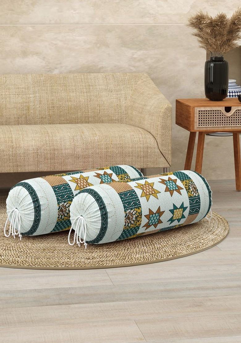 White And Teal Green 2 Pieces Ethnic Motifs Printed Cotton Bolster Cover Set