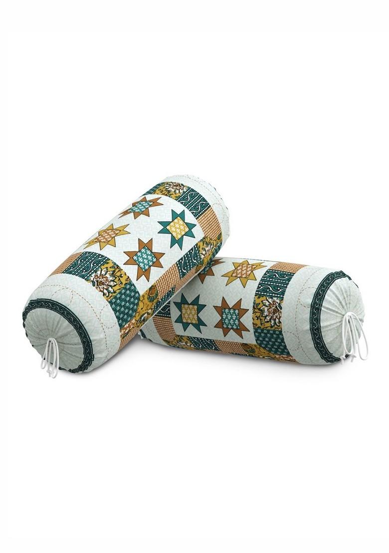 White And Teal Green 2 Pieces Ethnic Motifs Printed Cotton Bolster Cover Set