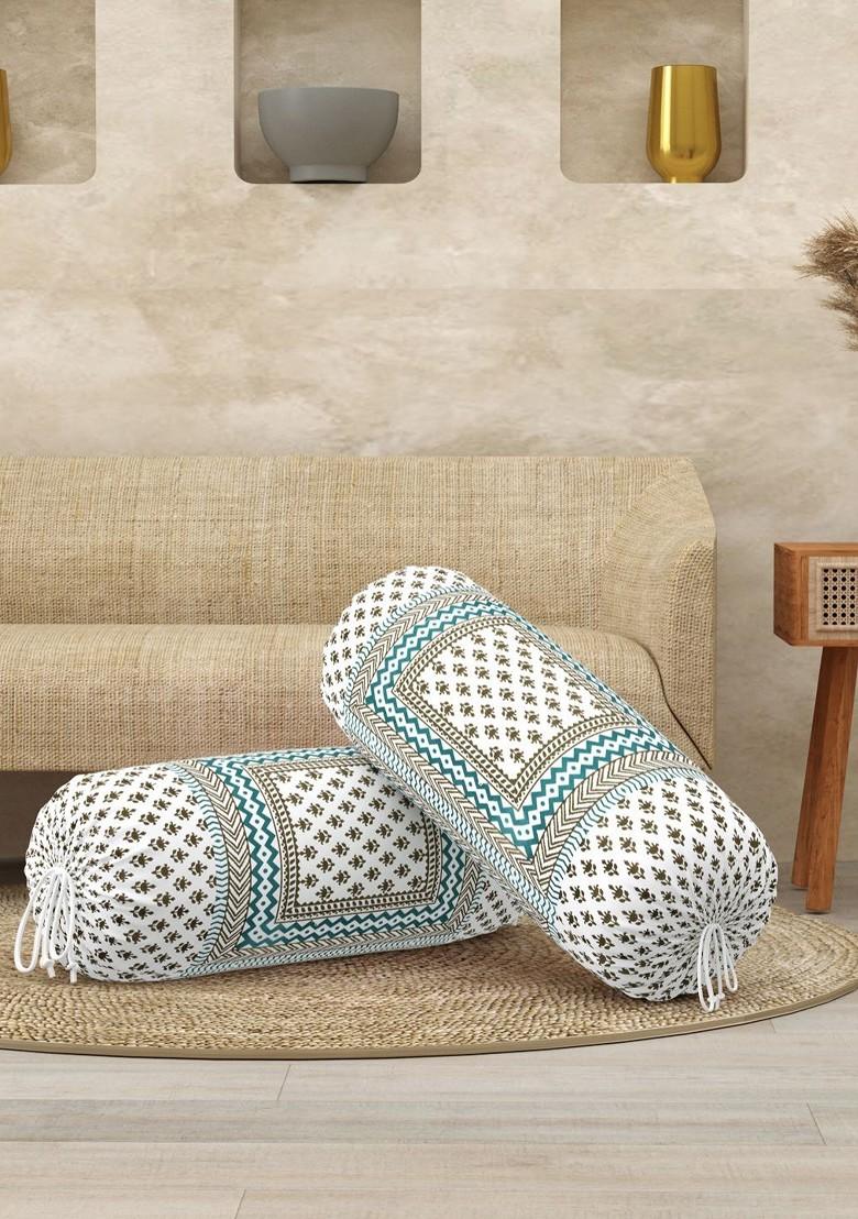 White And Green 2 Pieces Ethnic Motifs Printed Cotton Bolster Cover Set