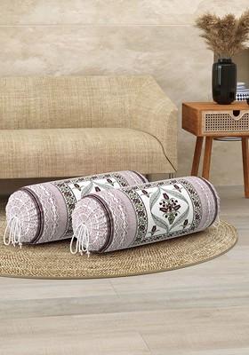 White And Blue 2 Pieces Ethnic Motifs Printed Cotton Bolster Cover Set