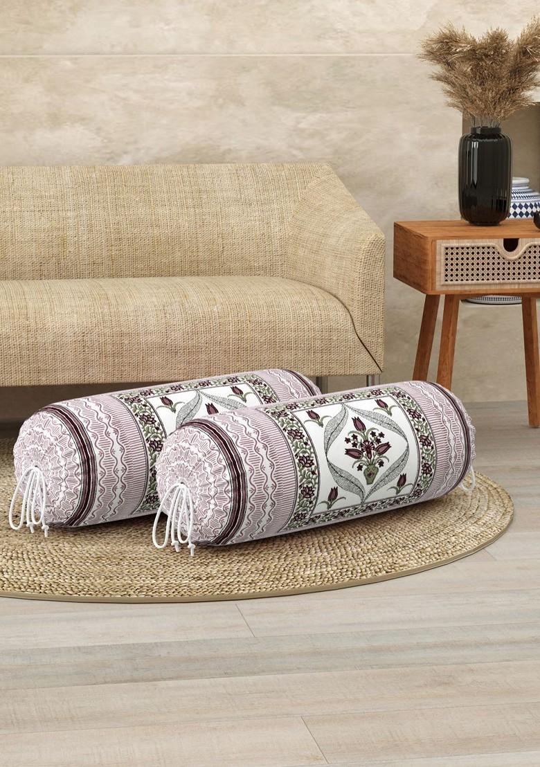 White And Blue 2 Pieces Ethnic Motifs Printed Cotton Bolster Cover Set