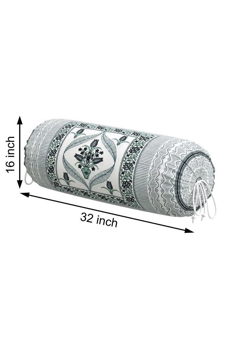 White And Blue 2 Pieces Ethnic Motifs Printed Cotton Bolster Cover Set