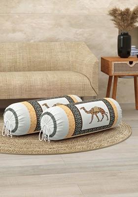 White And Yellow 2 Pieces Ethnic Motifs Printed Cotton Bolster Cover Set