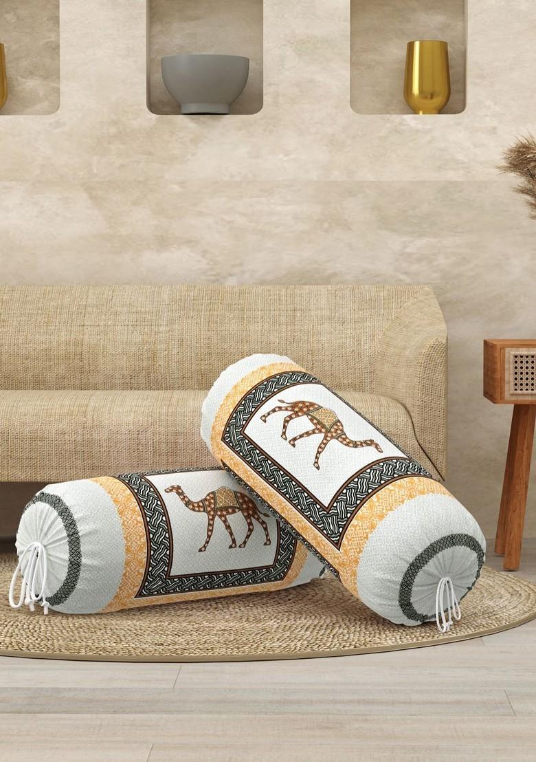 White And Yellow 2 Pieces Ethnic Motifs Printed Cotton Bolster Cover Set