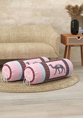 Pink And Grey 2 Pieces Ethnic Motifs Printed Bolster Covers