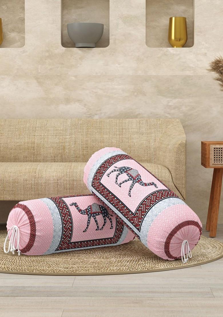 Pink And Grey 2 Pieces Ethnic Motifs Printed Bolster Covers