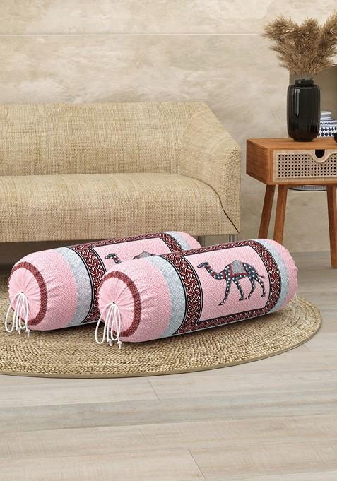 Pink And Grey 2 Pieces Ethnic Motifs Printed Bolster Covers