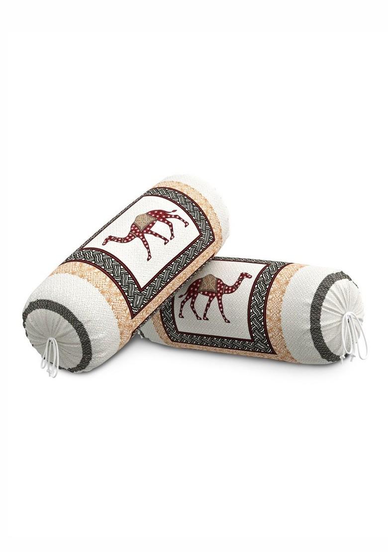 White And Blue 2 Pieces Ethnic Motifs Printed Cotton Bolster Cover Set