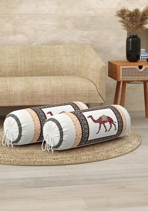 White And Blue 2 Pieces Ethnic Motifs Printed Cotton Bolster Cover Set