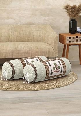 Peach Coloured And Green2 Pieces Ethnic Motifs Printed Bolster Covers