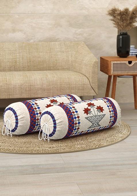 Maroon And Blue 2 Pieces Floral Printed Bolster Covers