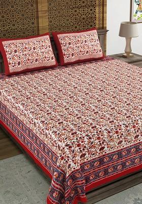 White And Red Ethnic Motifs Cotton 210 Tc King Bedsheet With 2 Pillow Covers